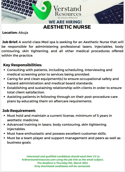 We are hiring!

#aestheticnurse
#nurse
#hiring
#vacancy
#jobopportunity
#Abuja
#medspa
#verstandresources