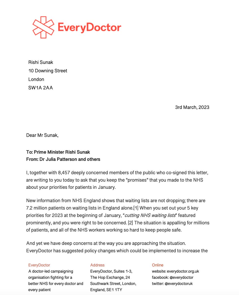 EveryDoctorUK's tweet photo. @10DowningStreet @RishiSunak we have just sent you this letter on behalf of our organisation and 8,457 members of the public asking you to keep your #NHSPromises. There's a copy in the post for you as well ✉️. We all look forward to your response. https://t.co/sSFKxJB8Gl