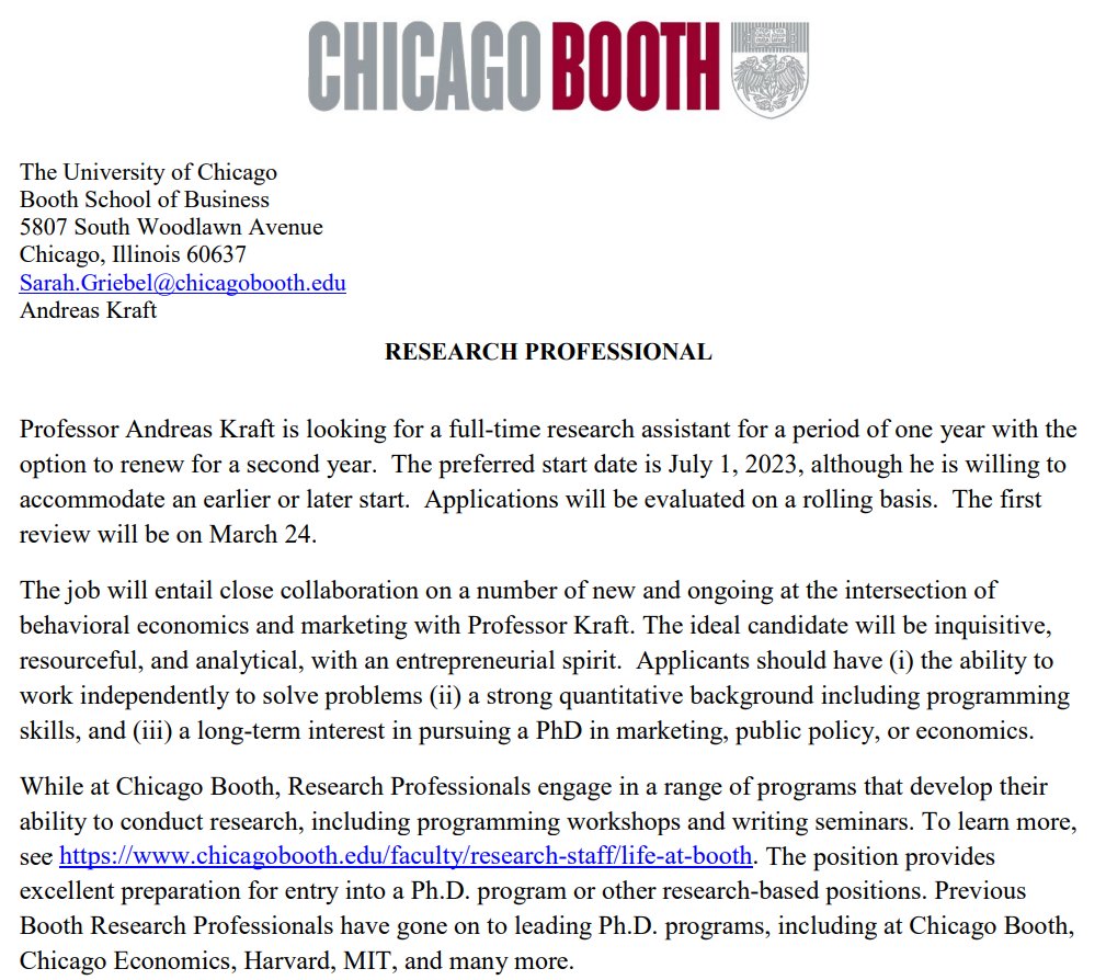Looking to prepare for graduate school and interested in topics broadly centered around Marketing/Behavioral Economics? 

I am recruiting a Research Assistant! Please share widely.

chicagobooth.edu/-/media/facult…