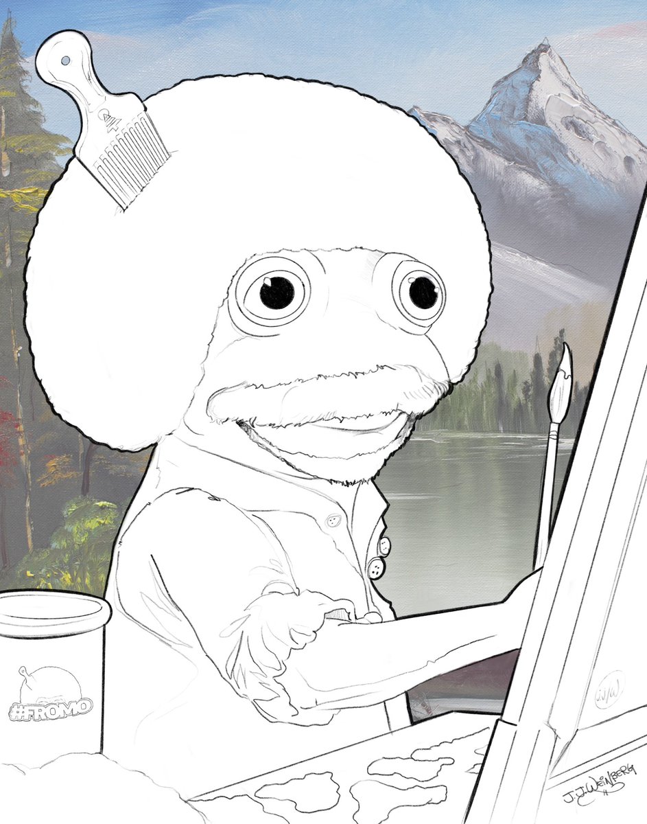 jaygotgame's tweet photo. GM 🌲💈🌲 from #FROgRoss

Hoppy Little Coloring Contest on this collabo between myself &amp; @NFTland in effect. 

Details on @BobRossParody 

LFFrooooo! 🐸🎨 https://t.co/xluZXgIwHg