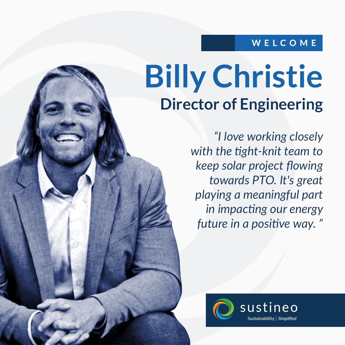 Sustineo_Solar's tweet image. Welcome Billy Christie, Sustineo's new Director of Engineering. 
-
-
-
#sustineo #solar #directorofengineering