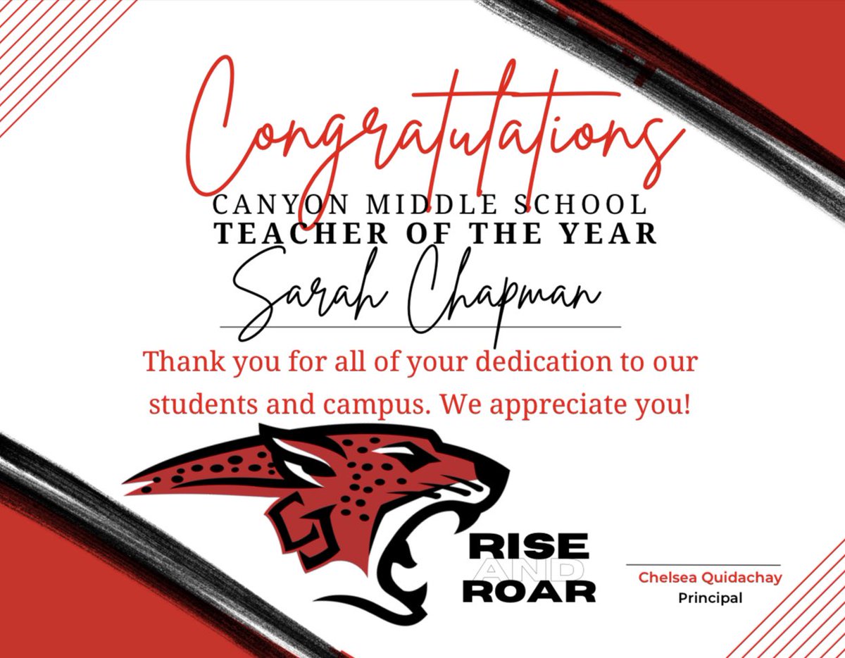 CONGRATS to our TEACHER OF THE YEAR, Sarah Chapman! We appreciate all of your hard work and dedication to our campus and students! #RiseAndRoar <a href="/c_quidachay/">Chelsea Quidachay</a> <a href="/MrsKaraJenkins/">Kara Jenkins</a> @jess_carollo16 <a href="/BraxtonHead/">Braxton Head</a> <a href="/lyonseducator/">Christina Lyons</a> <a href="/CISDMiddle/">Julie Cronkhite</a> <a href="/DrChapmanCISD/">Dr. John E. Chapman III - Comal ISD Superintendent</a> <a href="/SChapman_cms/">sarah chapman</a>