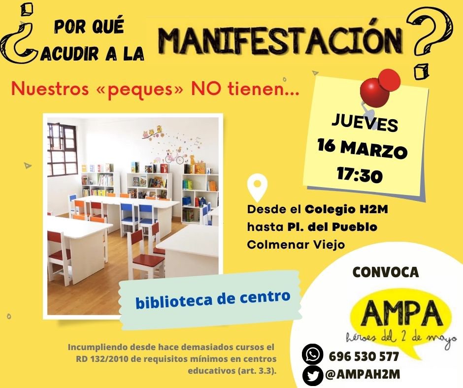 AmpaH2M's tweet photo. 🚨🚨⚠️⚠️🚨🚨⚠️⚠️🚨🚨

            MANIFESTACIÓN

16 de Marzo - 17:30 horas desde la puerta del colegio hasta la plaza del pueblo, hagámonos oír y que acaben el cole!!

No faltes!!!! Por ellos y por ellas!!!!

#H2MCompletoYa https://t.co/WsS1E6U7nW