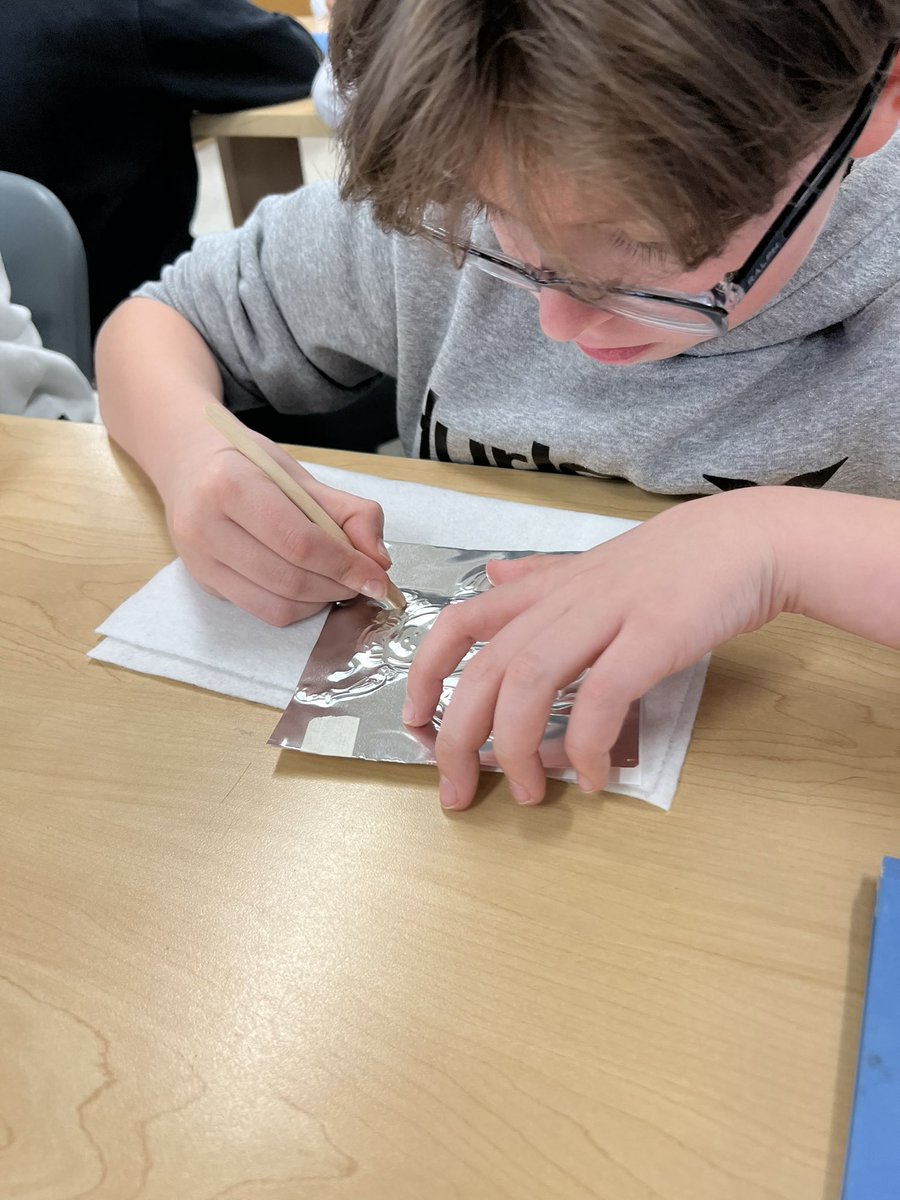 mrsthiele's tweet photo. We are metal tooling in 7th grade at @BAM_MS_Official! @VAartED #artsacrossva23 #youthartmonth #arted #lcps23 @OrrBAM #artteacher #friday #art #artlesson #artclass @LCPSVisualArts #metaltooling #repousse #metalwork #bugs https://t.co/xTpRdvLOdG