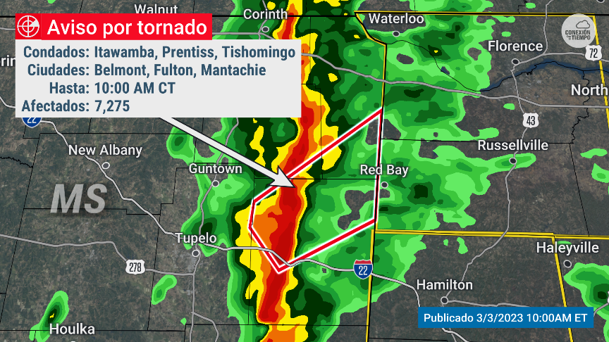 conexiontiempo's tweet photo. 🚨🚨 ¡Atención! Aviso de posible tornado para el norte del condado de #Itawamba, el sureste del condado de #Tishomingo, y el sureste del condado de #Prentiss, en #Misisipi, hasta las 1000 A.M. CST. Busque refugio, proteja a sus mascotas y animales y asegure los objetos sueltos. https://t.co/gdL04NjxlC