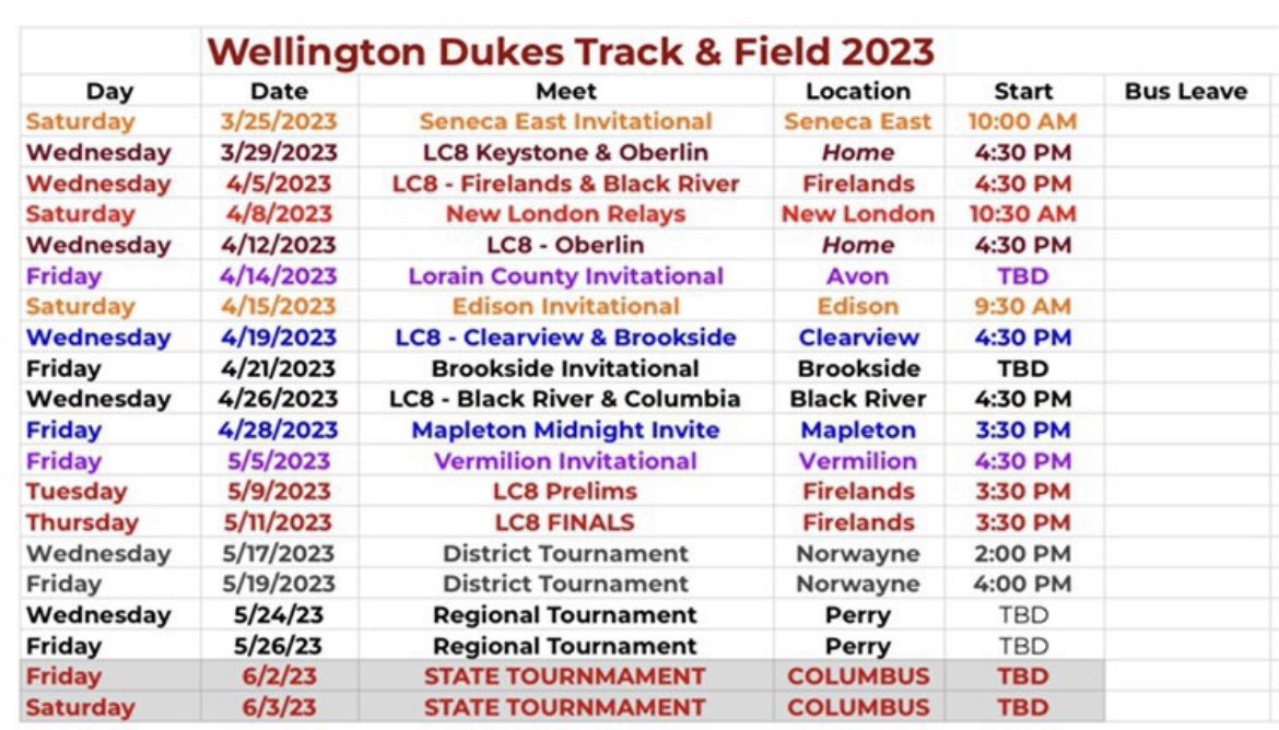 Wellington dukes track and field schedule!!! The dukes first meet will be at Seneca East and will start at 10:00am! Let’s go out and cheer them on!! GO DUKES!!