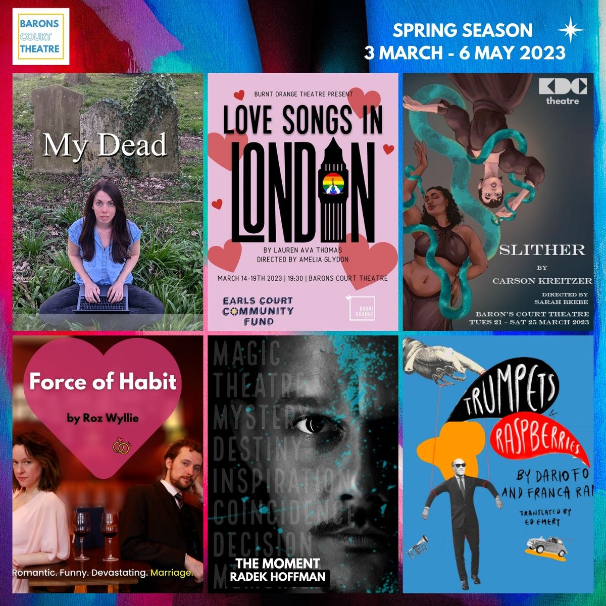BaronsCourt_W14's tweet photo. New Writing. Burlesque. Magic. Farce. Our Spring 2023 Season is full of love, laughter, and passionate characters! Tickets now on sale on https://t.co/C1KCGQEGQw #springseason #baronscourttheatre #love #laughter #Passion #DarioFo #CarsonKreitzer #newwriting https://t.co/3wWgmGoQ1z