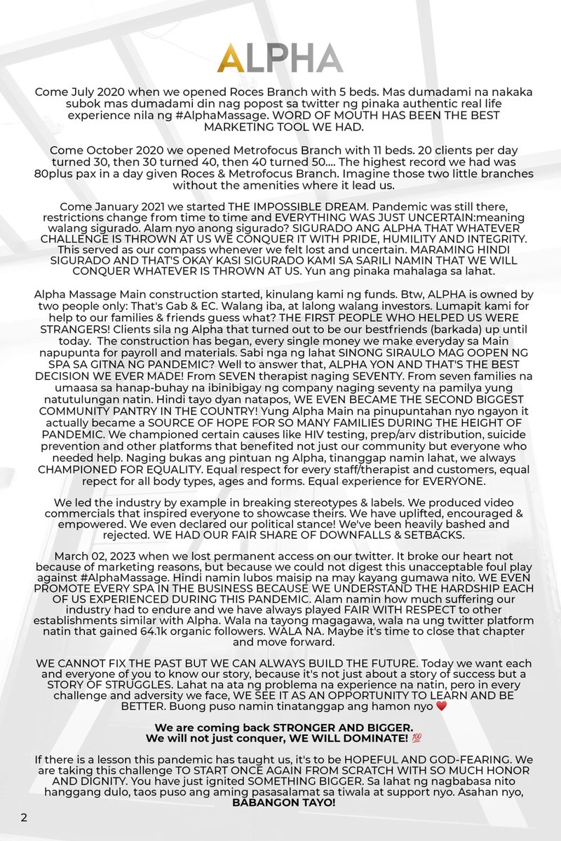TheAlphaMain's tweet photo. This will be our FIRST &amp; LAST STATEMENT regarding the permanent suspension of our official account #AlphaMassage 

We are moving forward with our MORALS, INTEGRITY &amp; DIGNITY INTACT.

Welcome to our newest page! please #RETWEET #SHARE and #FOLLOW us here for the latest updates! https://t.co/9saTI6C4rL