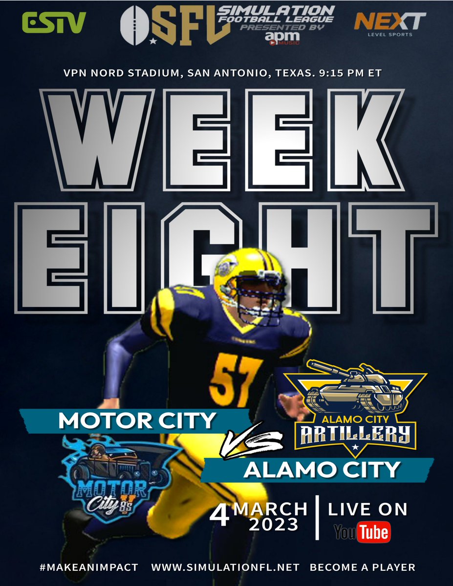 Alamo City fans, week 8 is here as we kick off the second half of season 20. Let's welcome our Friends from the north, the Motor City V8's, as they vist Nord Vpn Stadium. Come and join us. simulationfl.net    #makeanimpact.