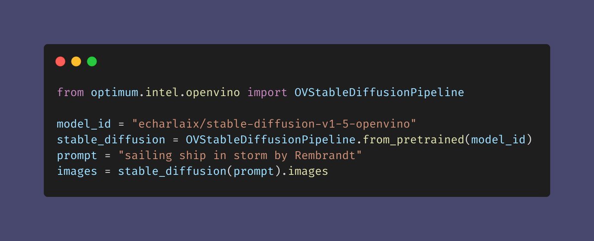 Tired of your slow Stable Diffusion model ? 🎨 Go up to 1.6x faster by statically reshaping your model with OpenVINO ⚡️ ➡️ Give it a try huggingface.co/docs/optimum/i…