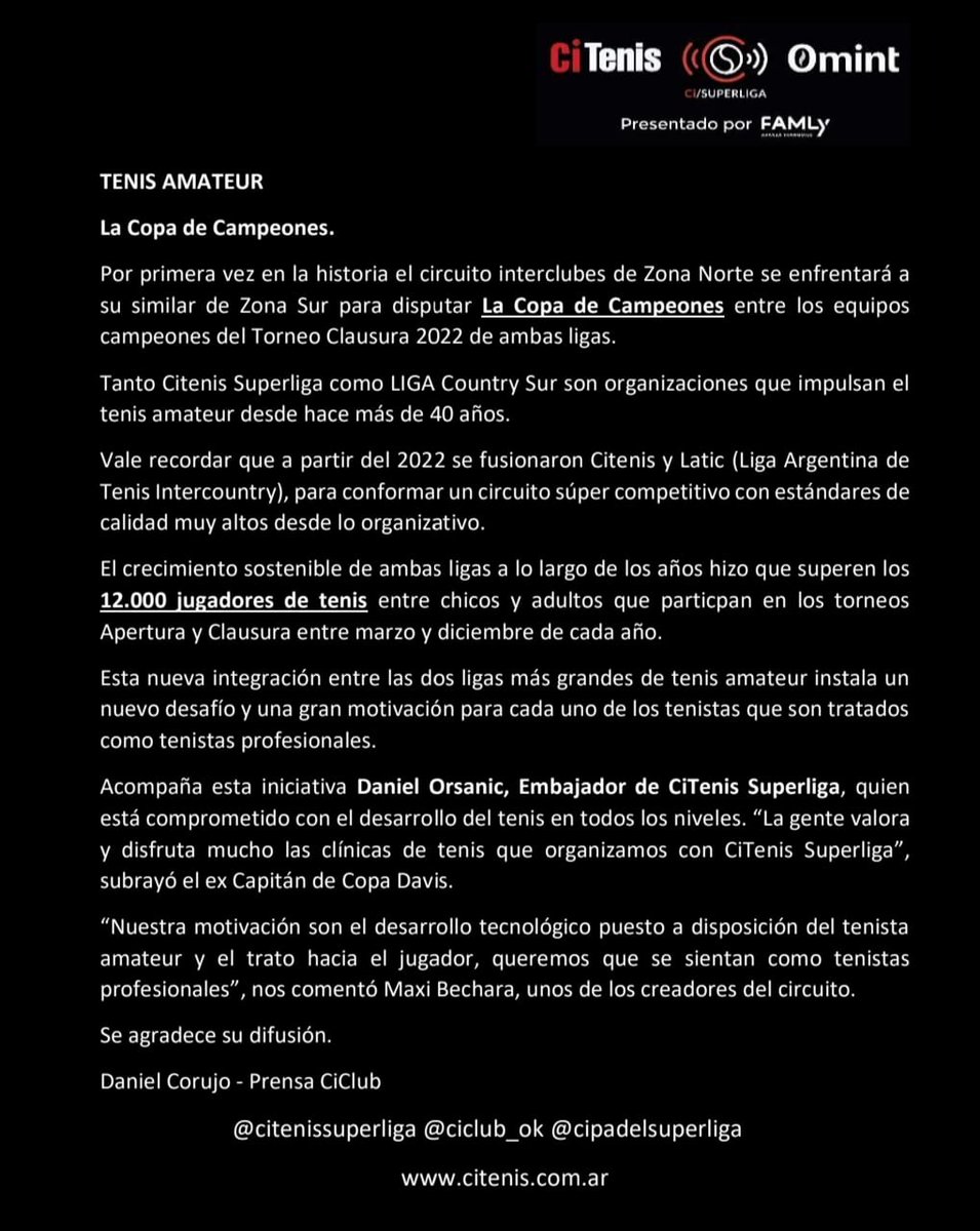 Se concretó una unión que hará que el tenis amateur tenga más de 12 mil jugadores participando. 
El acuerdo es entre la Liga Country Sur y CI Superliga para que los campeones de cada una de las categorías (damas y caballeros) definan al gran ganador de la temporada.