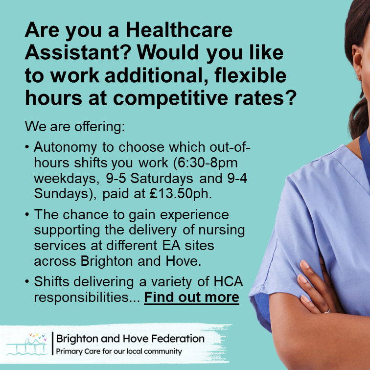 We are recruiting Health Care Assistants! 

Find out more: brightonandhovefed.co.uk/join-us