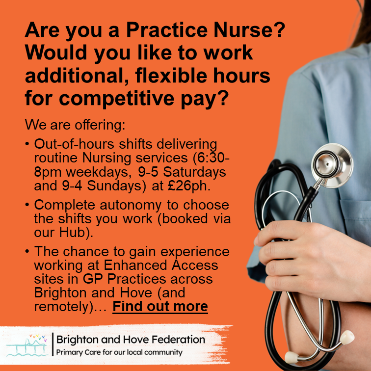 We are recruiting nurses! 

Find out more: brightonandhovefed.co.uk/join-us
