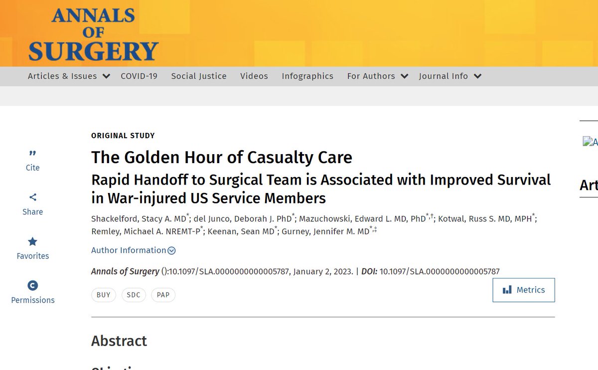 🔥 off the press, study by Shackelford finds that cumulative risk of death increases with every interval delay in handing off surgical casualties to a surgeon.  There is nothing about this study that supports a stay-and-play model for prehospital care.