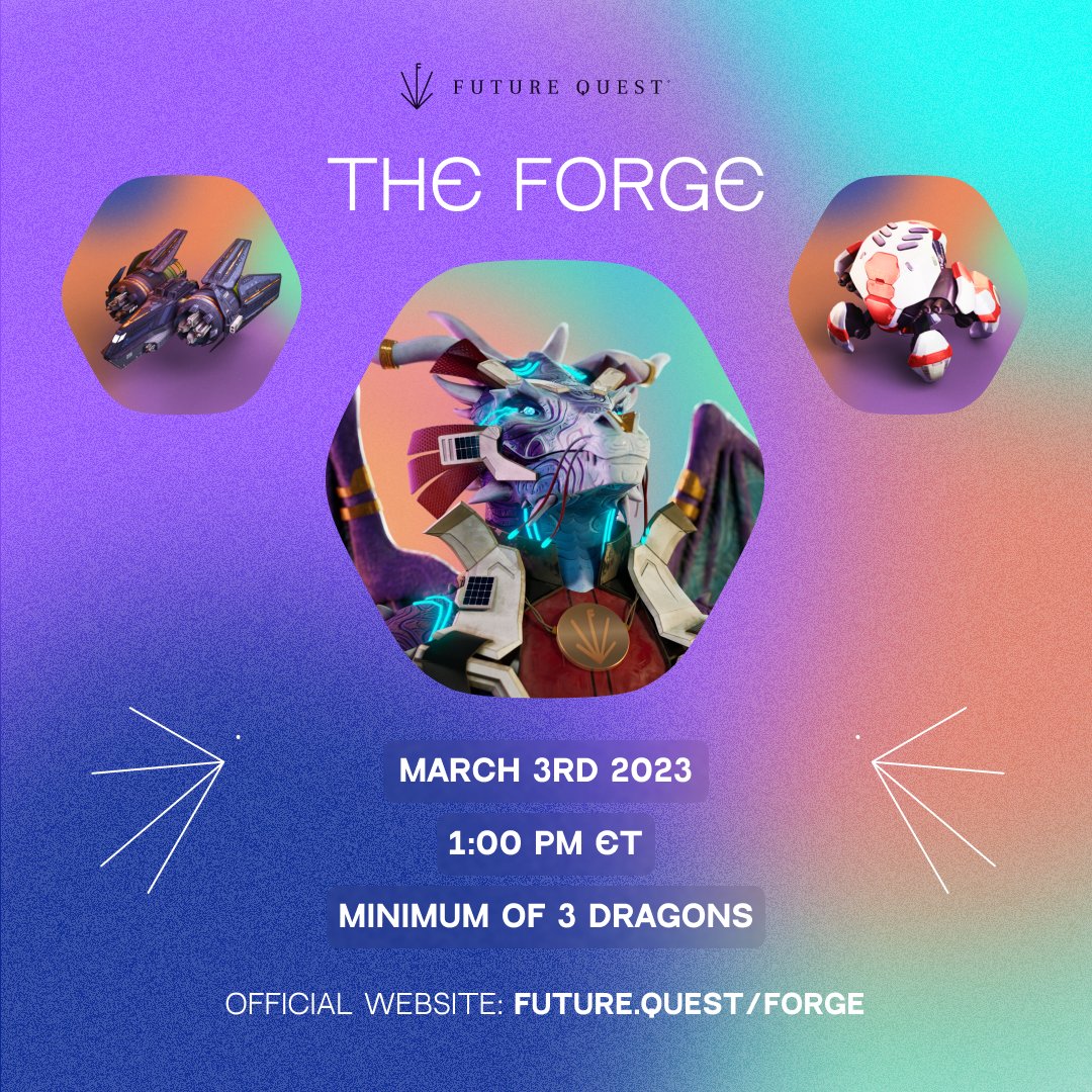 The Forge is starting in 2 hours! 🔥 

Today, we unleash the Mighty Dragons of Regen and Forge them into Artifacts ⚒️ 

Are you ready? 👀 

🐲 opensea.io/collection/fut…

#FutureQuestForge