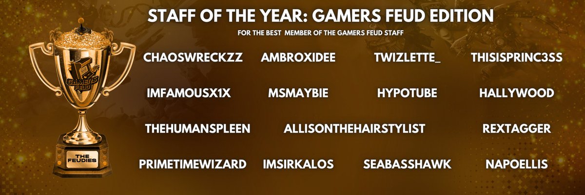 GamersFeud's tweet photo. The Feudies Voting is Now Open and Here Are Your Nominees for Staff of The Year: Gamers Feud Edition

@ChaosWreckzz @Ambroxidee @twizlette_ @thisisprinc3ss @Imfamousx1x @MsMaybie @AllisonLuvHair (The rest are tagged in the photo)

Voting form: https://t.co/Tg8WgtC1J6 https://t.co/tmBJ8jPMG1