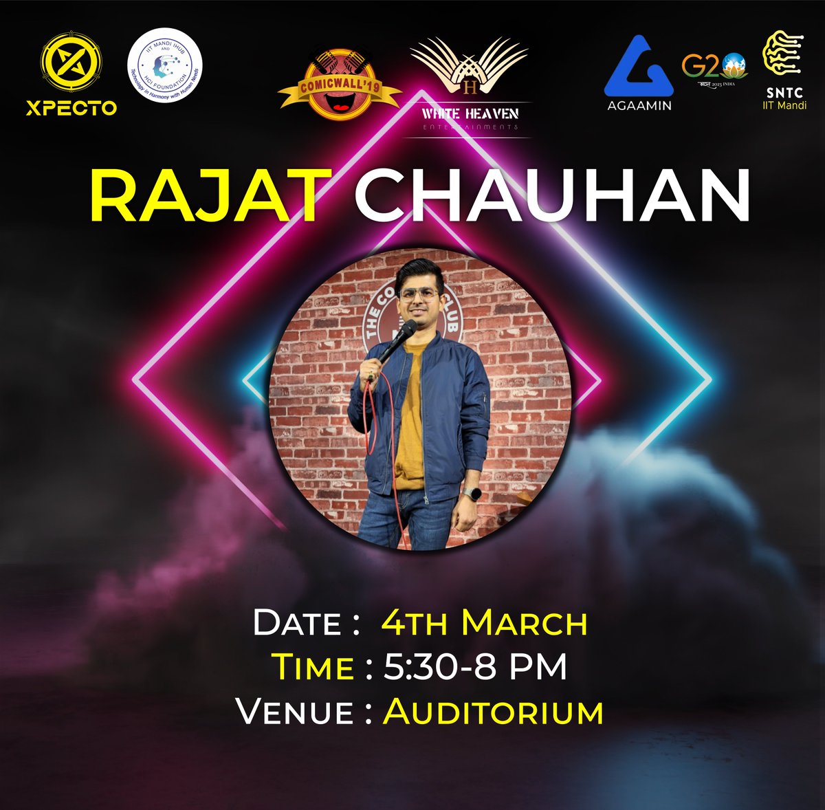 XpectoTech's tweet image. Get ready to laugh your heart out! Join us for a hilarious evening with our featured stand-up comedian Rajat Chauhan.
Time : 4th March 2023, 5:30 PM onwards
Venue : Auditorium, IIT Mandi North Campus
See you all there !!!
