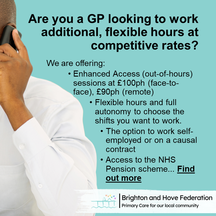 We are recruiting GPs! 

Find out more: brightonandhovefed.co.uk/join-us
