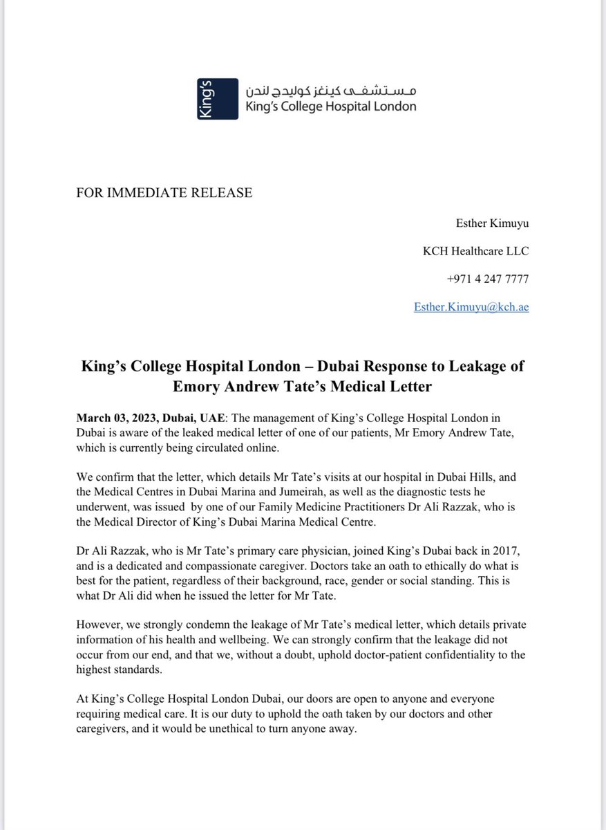 King’s College Hospital London Dubai official statement on Emory Andrew Tate’s leaked medical letter. #AndrewTate #AndrewTateCancer