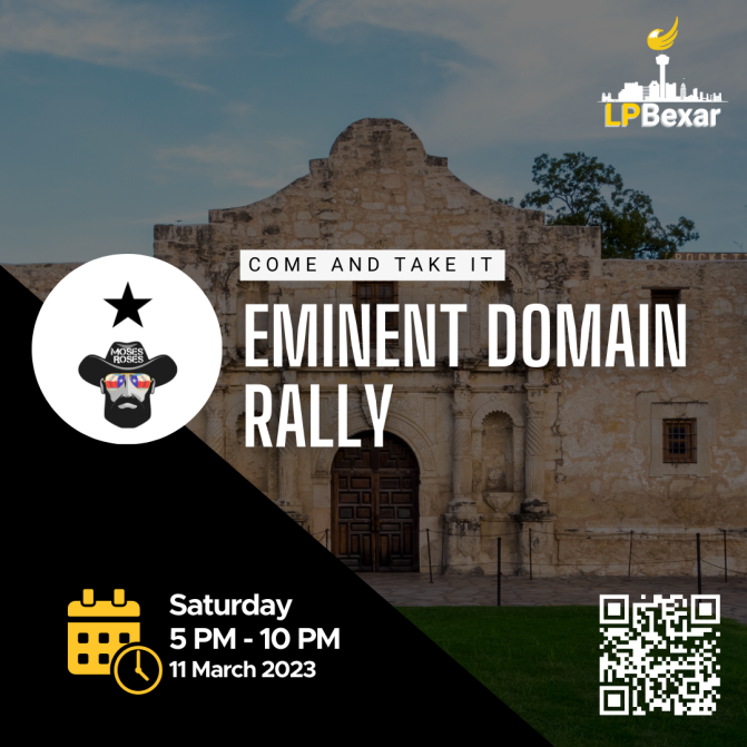 LPNational's tweet photo. The San Antonio city government is determined to steal the property of Vince Cantu, owner of @MosesRose1836, so @LPBexar is organizing a rally to stop it. It's crucial that this and other eminent domain schemes be rejected, with a clear signal sent to the schemers. https://t.co/rMx5BZamx2