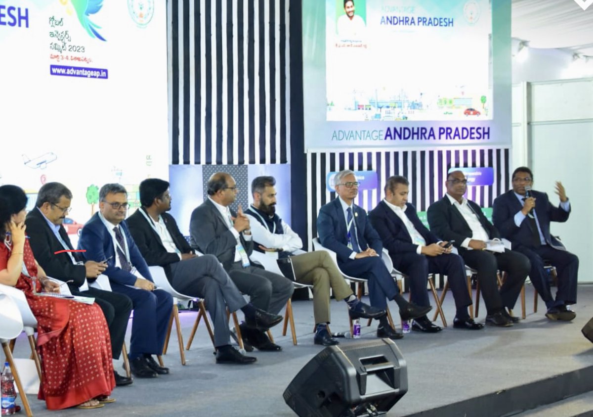 Sri_City's tweet image. Addressing delegates during a panel discussion on &apos;Industrial &amp;amp; Logistics Infrastructure&apos; at the #APGlobalInvestorsSummit2023, our MD spoke on the @PMGATISHAKTI initiative  &amp;amp; the #EoDB initiatives by the GoAP, that can transform AP into a logistics hub &amp;amp; gateway to S.E. Asia.