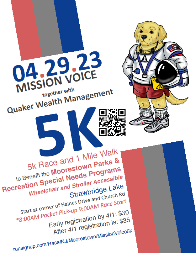 QuakerWealth's tweet photo. We have exciting news we are co-hosting our first-ever 5K Race/1 Mile Walk with Mission Voice on 4.29.23. 
100% of all proceeds will go to Moorestown Parks and Recreation special needs programs. We hope to see you there! https://t.co/5DwRke41ig