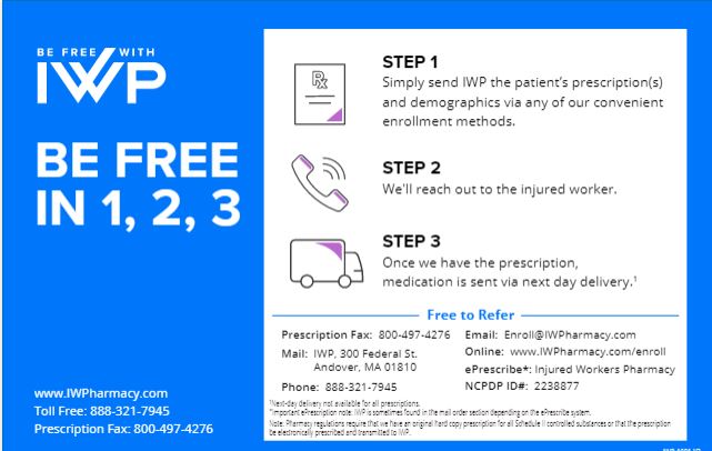 IWPharmacy's tweet photo. IWP is proud to work with injured workers. We specialize in the complex workers' comp system and help your clients get their medications without delays and denials they might experience at your local pharmacy. #nowaiting #medsdelivered #iwp #injuredworkers #servingpatients https://t.co/IuciqzJcFM