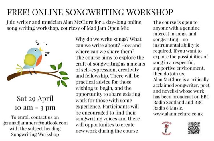 This is our 3rd such workshop and they’ve proved really enjoyable. Book your place now and please share 🙂❤️🎶✍🏻🎼  #songwriting #mentalhealth #recovery