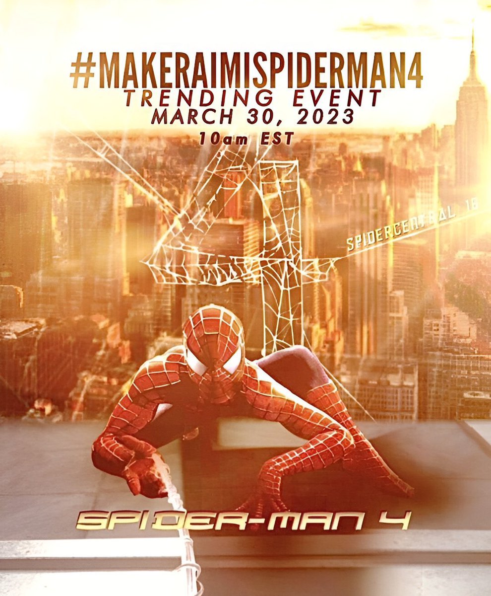FNRaimiSpidey's tweet image. New Trend Event!!!

On March 30th we will continue the fight. Mark the date and be there and show your support by tweeting #MakeRaimiSpiderMan4 . We’re in this together and will fight for what we want!! Spider-Man 4 with Tobey Maguire🙏

( Poster design by @Spidercentral16 )