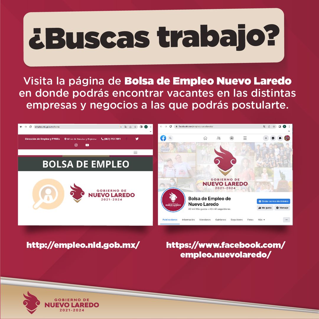 foojavx's tweet image. Si estás buscando empleo 💼 consulta la Bolsa de Empleo Municipal a través de la web en empleo.nld.gob.mx y en la página de facebook: facebook.com/empleo.nuevola… hay una empresa que está buscando un perfil como el tuyo. @Carmenliliacrv  #NuevoLaredo #Tamaulipas