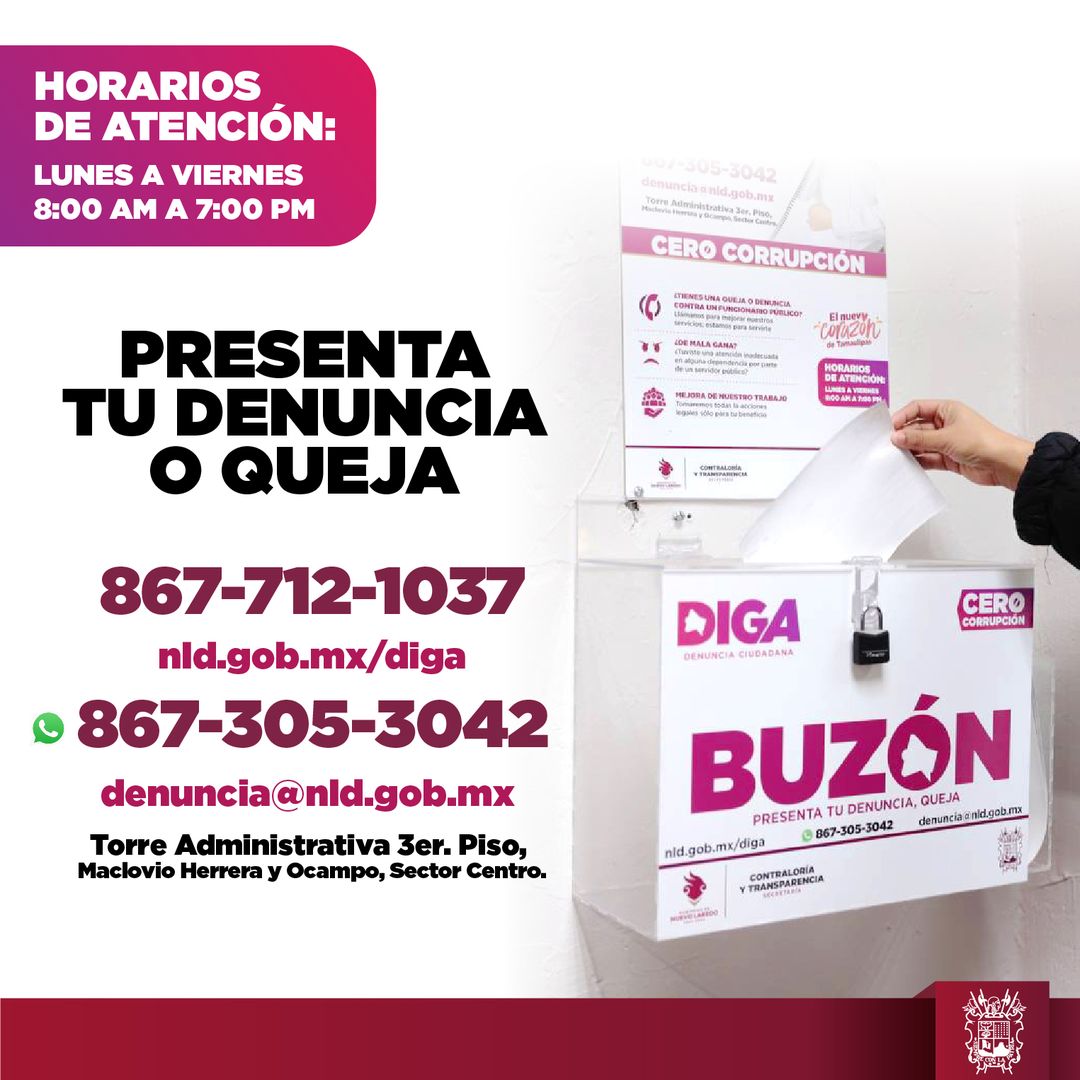 foojavx's tweet image. Si eres testigo de una falta por parte de un empleado municipal, ¡Denúncialo! Puedes hacerlo mediante el número 867712037 o el portal nld.gob.mx/diga 

@Carmenliliacrv  #NuevoLaredo #Tamaulipas