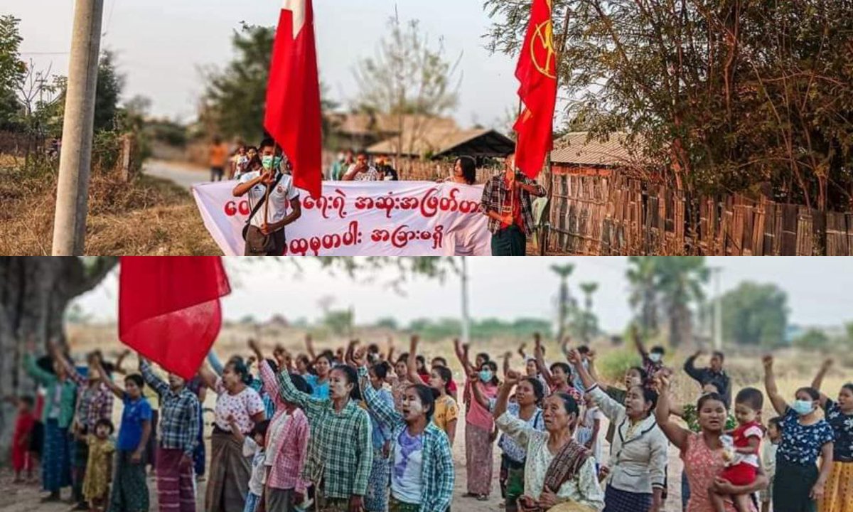 A group of pro-democracy residents of Sagaing's Salingyi township, Mount Letpadaung area never missed to protest against military dictatorship.  #2023Mar3Coup #WhatsHappeningInMyanmar