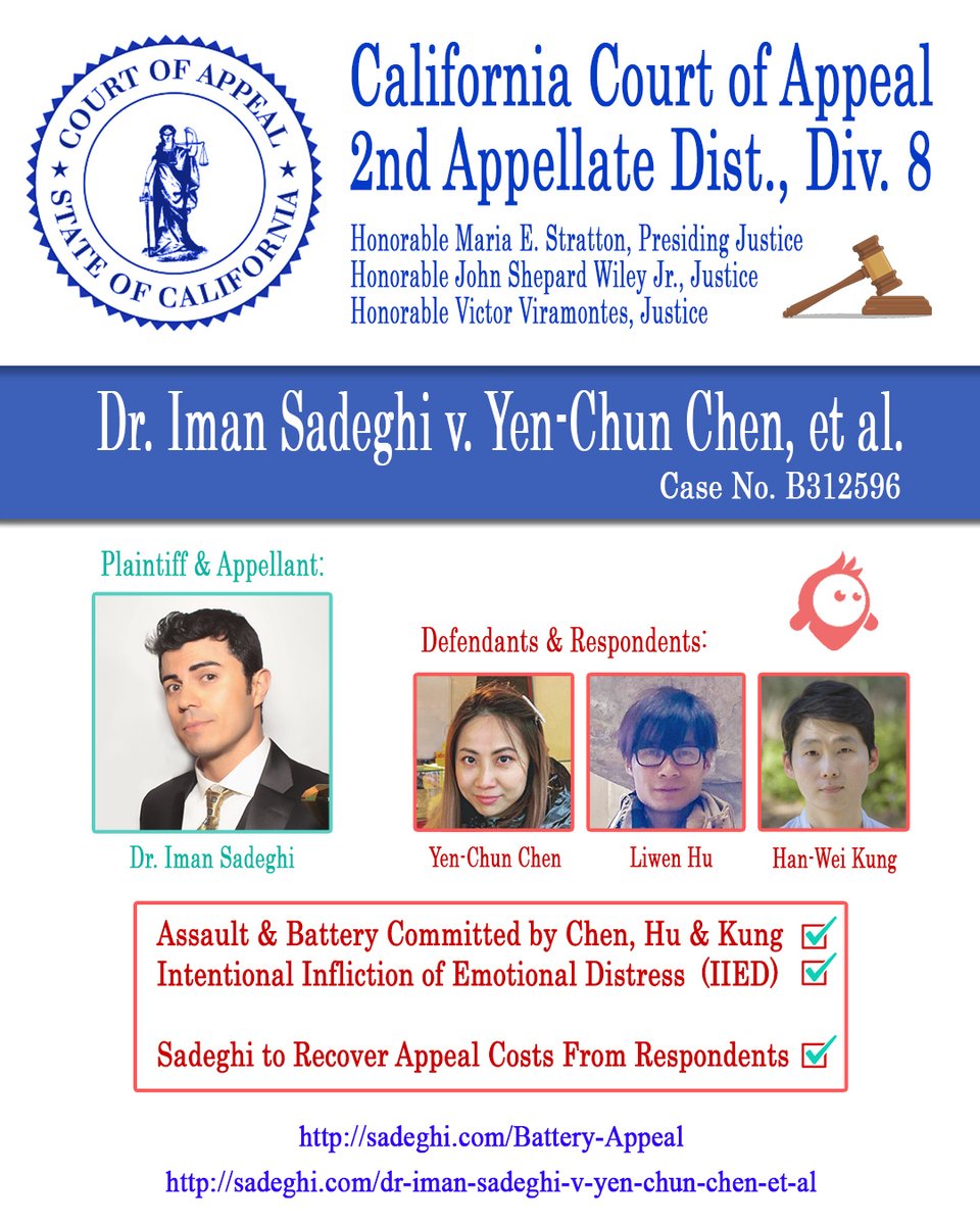 isadeghi's tweet photo. ✨Court of Appeal Justices Uphold Sadeghi’s Claims for Battery and IIED Against Yen-Chun Chen, Liwen Hu, and Han-Wei Kung. Sadeghi to Recover the Cost of Appeal From These Pinscreen Employees✨

📜 Appeal Opinion:
https://t.co/SRlpnqqmEH 

⚖️ Appeal Case: 
https://t.co/6blszZgGL9 https://t.co/QJodNhU4Sl