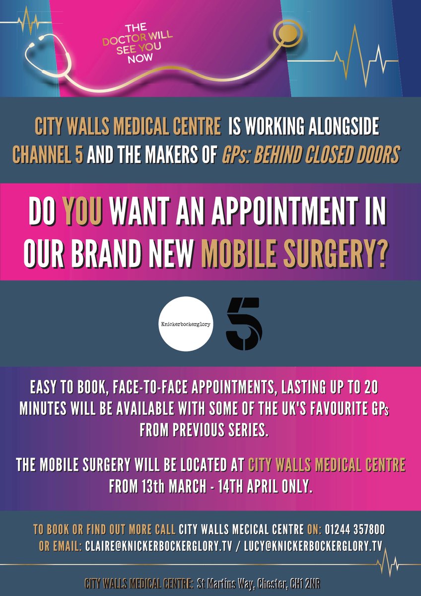 CityWallsMC's tweet photo. COMING SOON! We are working with Channel5  &amp; the makers of GPs: Behind Closed Doors.
The mobile surgery will be located at City Walls Med. Centre from 13th March 2023 - 14th April 2023 only!
More info email: claire@knickerbockerglory.tv or lucy@knickerbockerglory.tv https://t.co/b6CC6oWwb9
