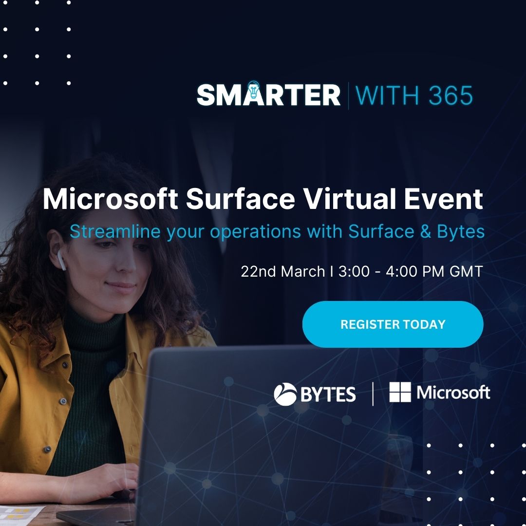 Join us on 22nd March at 3-4pm GMT for our exclusive Microsoft Surface Virtual Event! 

For all things Surface Pro 9 and Laptop 5 and we will cover Bytes' Managed Workspace, DaaS Offerings and more.

Register now: conferences.presentergroup.com/bytesonesurfac… 

#Microsoft #MicrosoftSurface