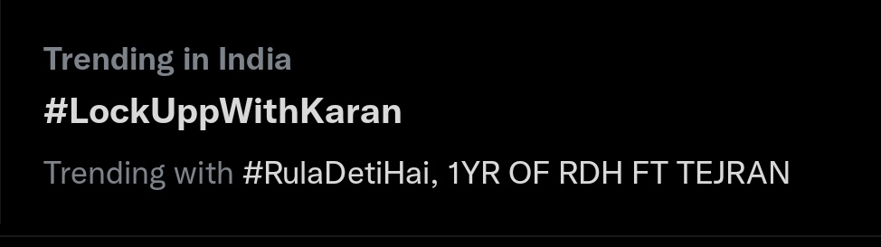 It's all about Karan Kundrra 🔥🔥🔥 @kkundrra look at the trending list 🔥🔥🔥 

1YR OF RDH FT TEJRAN
1YR OF BADASS JAILOR KARAN

#KaranKundrra #KKundrraSquad #LockUppWithKaran 
#RulaDetiHai