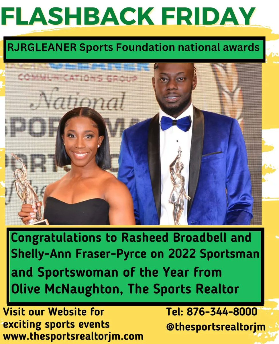 jamprincess2's tweet photo. *Flashback Friday Alert*

Congraulations to @realshellyannfp and Rasheed Broadbell for the 2022 Sportswoman and Sportsman of the year🇯🇲
Also to @sherickajacko for an amazing track season

Join the Jamaica Sports 876 Tour
www.thesportsrealtorjm
com
@WorldAthletics
#Budapest2023 https://t.co/wxVqjAFl74