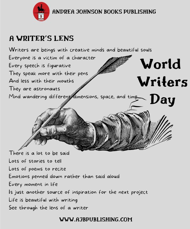 Truthmagicfing1's tweet photo. 📌Today, Andrea Johnson Books Publishing uses this medium to celebrate and appreciate all authors, writers and journalists who express their thoughts as written words.
https://t.co/VK3wNQKECA

#internationalwritersday #writersday #Authorsofsuccess #Blackauthors #Ajbpublishing https://t.co/cnqm1gv6Fg