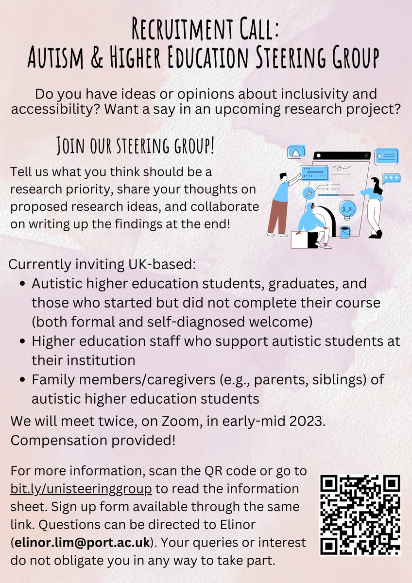 📢 I'm organising a UK-based steering group to discuss future research directions on the topic of autistic students' experiences of uni. Hoping to talk to ex/current students, staff (incl mentors), & family members. More info/sign up: bit.ly/unisteeringgro… or scan QR code below