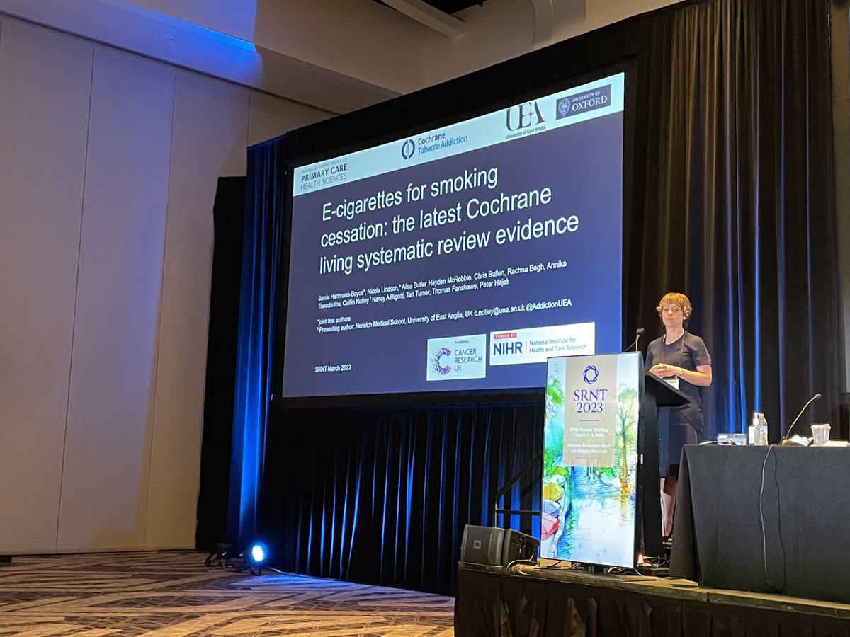 Caitlin Notley ⁦<a href="/AddictionUea/">AddictionResearchUEA</a>⁩ presenting the ecig Cochrane systematic review #srnt2023