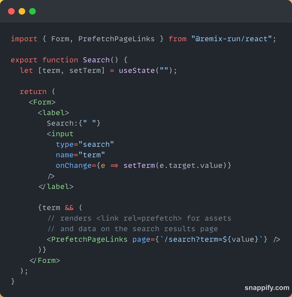 remix_run's tweet photo. 🔎 Got a search field on your site?

🏎️ speed it up with `<PrefetchPageLinks />` as the user types! Data and assets are loaded into the browser cache just like `<Link prefetch />` (in fact, Link just renders this)

Docs: https://t.co/PCdQfGdhDN https://t.co/mggrv0B6Bi