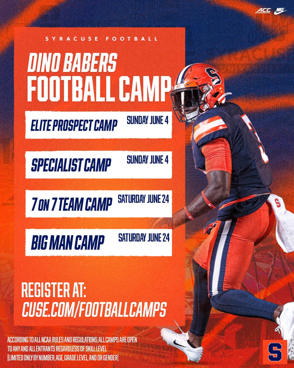 It’s almost that time…🍊

Camps SZN is right around the corner and we want to see you on The Hill!!!

Come compete and learn from the best in the country! 

⬇️⬇️⬇️
cuse.com/footballcamps