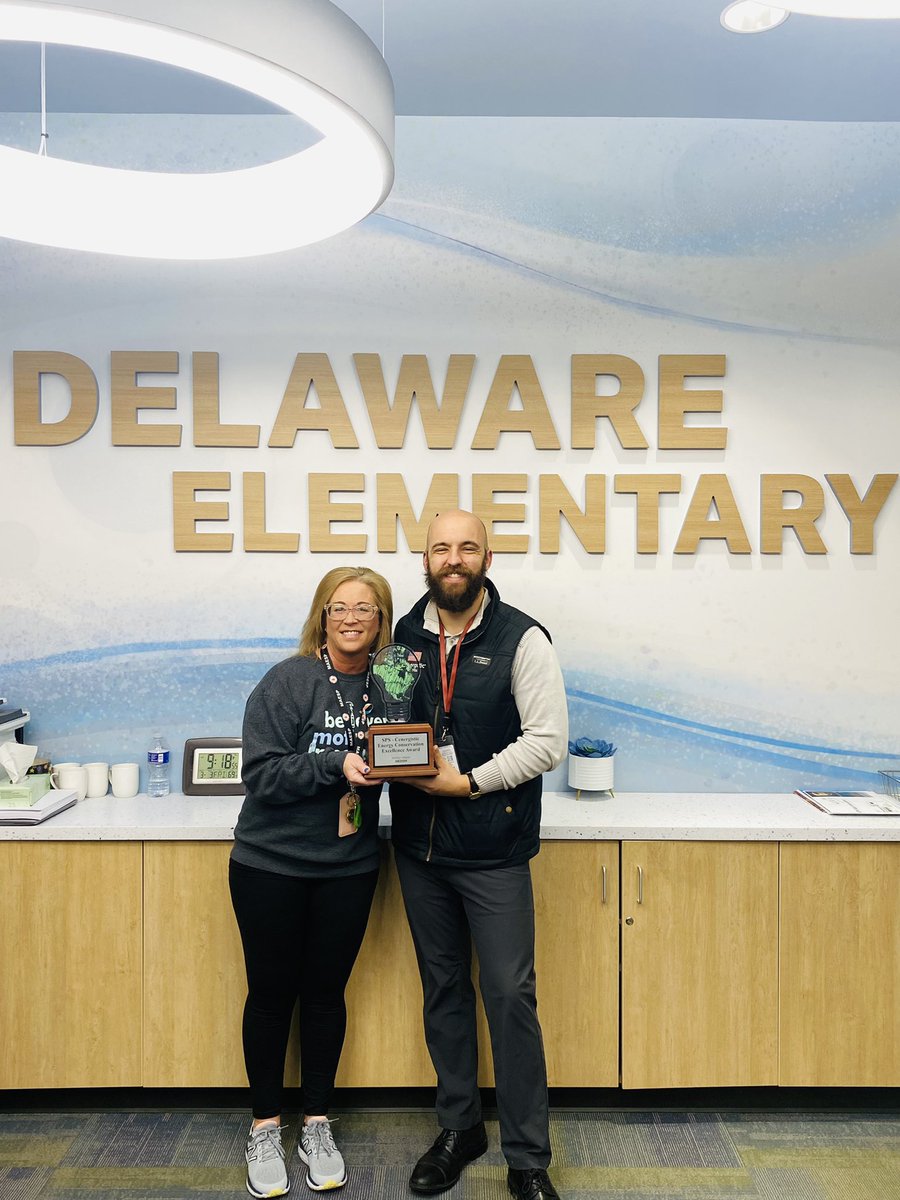 Delaware_SPS's tweet photo. Our school received the Energy Conservation Excellence Award today from @Cenergistic - thanks to @josephpuzzo for bringing by the traveling trophy today! https://t.co/hTCCaS3fT4