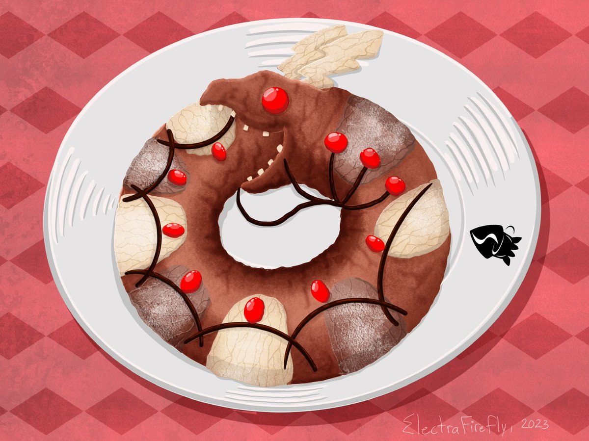 HorRoscaboros
Beware the sweet HorRoscaboros! This Rosca is so good, he’s eating himself! Topped with powdered sugar and candied fruit. If you’re lucky, you may even get the piece with the Small Fry inside!
#SplatCafe #Splatoon3 #スプラトゥーン3