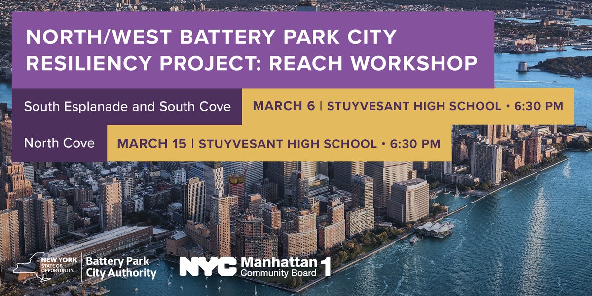 COMING UP: Our next North/West #BatteryParkCity Resiliency Project Workshops are Monday, March 6 and Wednesday, March 15. Read more &amp; register: bit.ly/3EFkmZq #BPC #BPCCommunity #BPCResiliency <a href="/CommunityBoard1/">Manhattan Community Board 1</a>