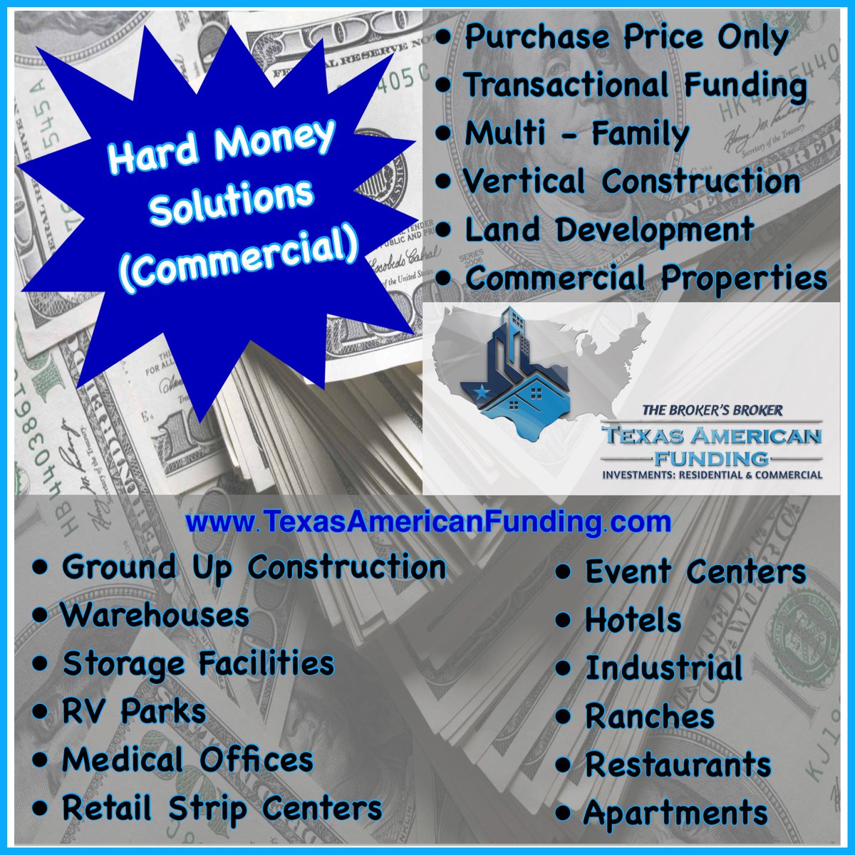 Appointments:
bit.ly/TAFcalendarInv…

#CommercialMortgages #RealEstateInvesting #MultiFamily #VerticalConstruction #LandDevelopment #CommercialProperties #Warehouses #StorageFacilities #RVParks #MedicalOffices #RetailStripCenters #Hotels #Industrial #Ranches #Restaurants