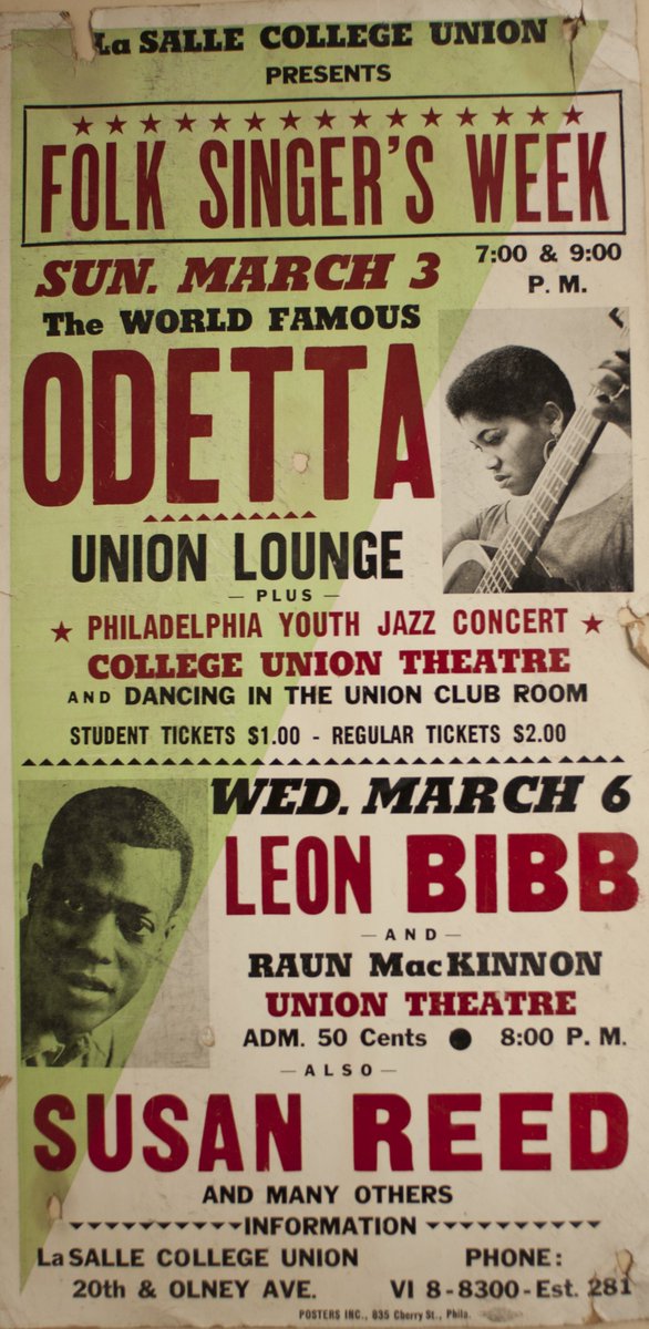 For this month's #ArchivesHashtagParty we're showing off a poster from when Odetta and Leon Bibb, two famous folk singers and Civil Rights activists of the 1950s and 1960s, visited <a href="/LaSalleUniv/">La Salle University</a> in 1963. #ArchivesMusic