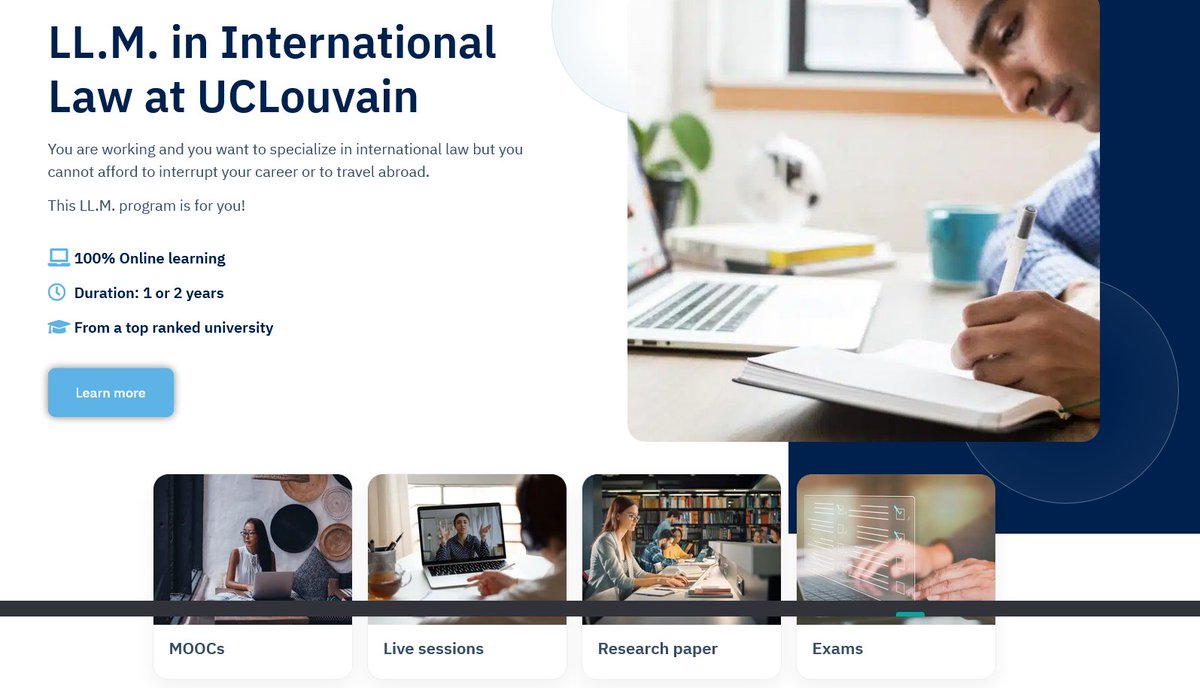 You want to specialize in #InternationalLaw @UCLouvain_be but cannot afford to interrupt your career or travel abroad?
Then our LL.M. is made for you! 
🖥 100% online
📆 At your own pace, in 1 or 2 years
👥 Personnalized assistance

👉 More info: llm-uclouvain.be