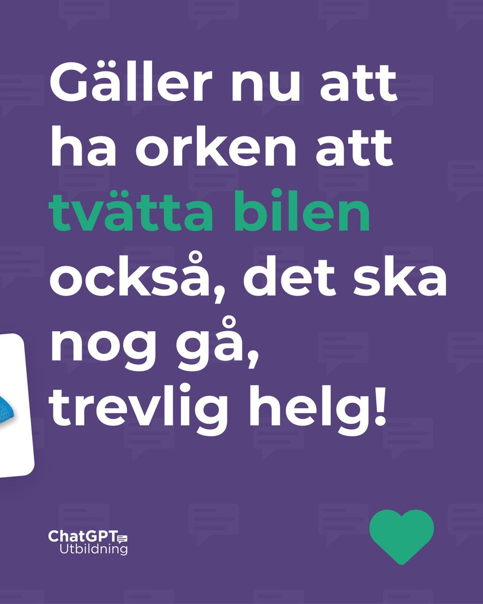 Behövde lite shoppingtips inför helgen🚗🧽🧼🧴

Trevlig helg!

#chatgpt #chatgptsverige #chatgptutbildning #ai #aikompetens #aiverktyg #gpt #gpt3 #karlstad #stockholm #kommunikatör