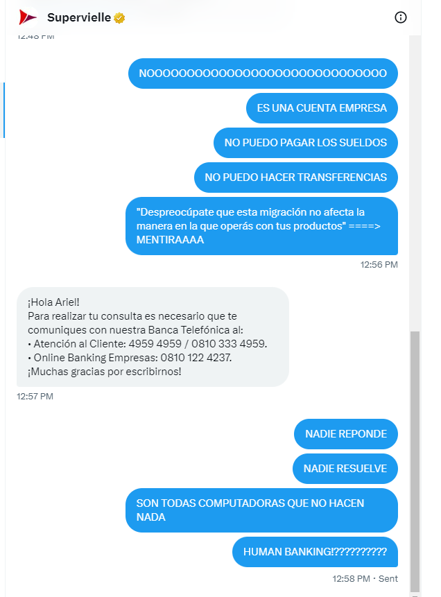 abadiariel's tweet photo. @Supervielle_ARG HUMAN BANKING!!!???????????????
NADIE RESPONDE NADA!!!!! 
POR FAVOR QUE ALGUIEN ATIENDA Y SEPA RESOLVER LOS PROBLEMAS QUE UDS GENERAN!!!! https://t.co/xav4qxvftu